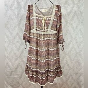 olive des olive 3/4 sleeve paisley boho dress size M